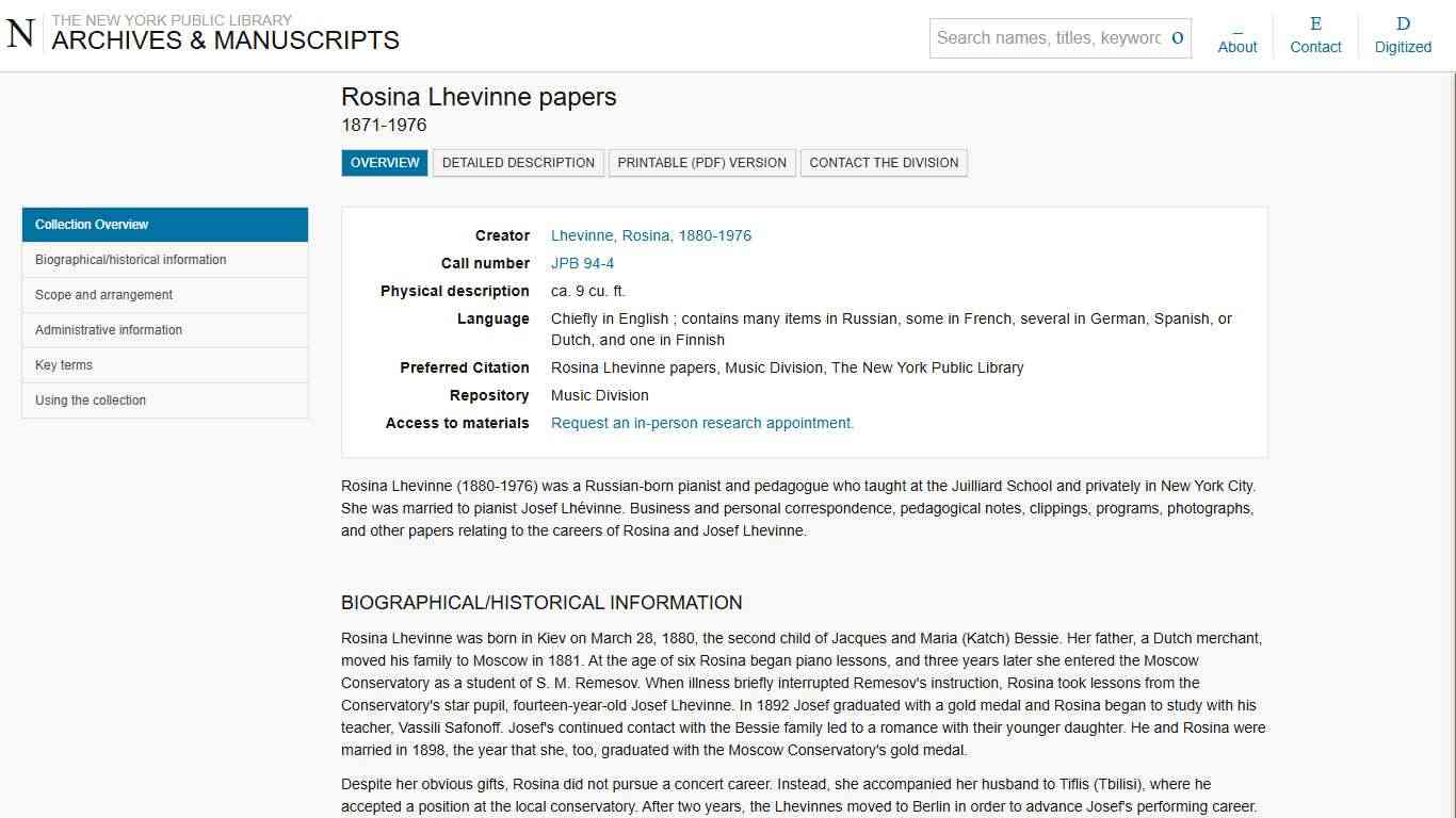 archives.nypl.org -- Rosina Lhevinne papers